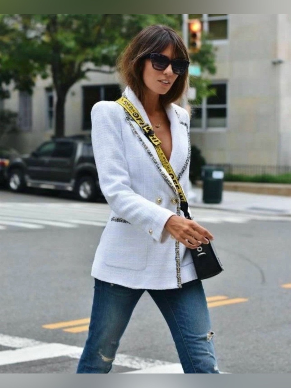 Zara White Tweed Double-Breasted Blazer with Multicolor Trim - Picture 4 of 13